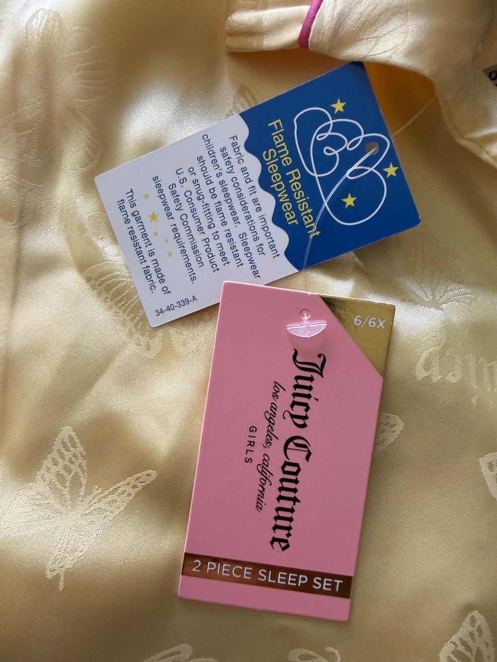 JUICY COUTURE Yellow Girls' Satin Pajama Set with Pink Trim - Picture 3 of 3